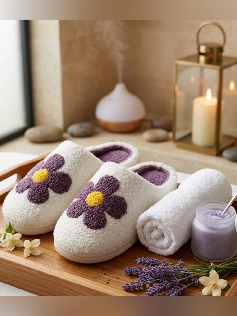 Cozy White and Mauve Flower Slippers - S/M